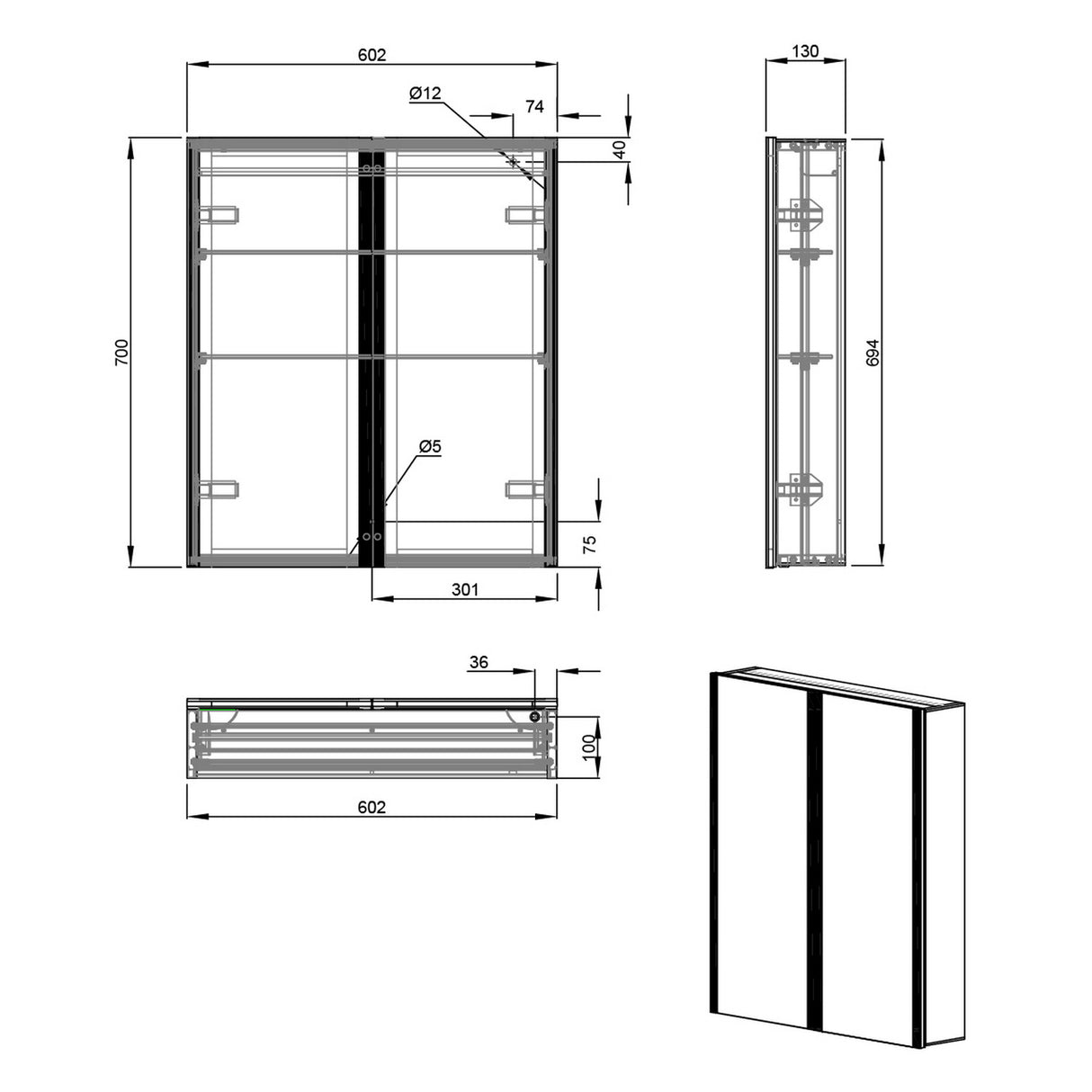 Eastbrook Caldini 600 x 700mm LED Two Door Mirrored Cabinet