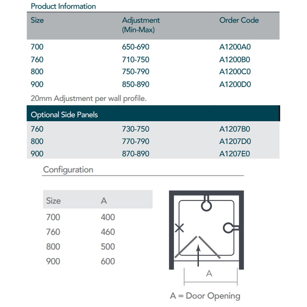 Merlyn Ionic Source Bifold Shower Door size chart