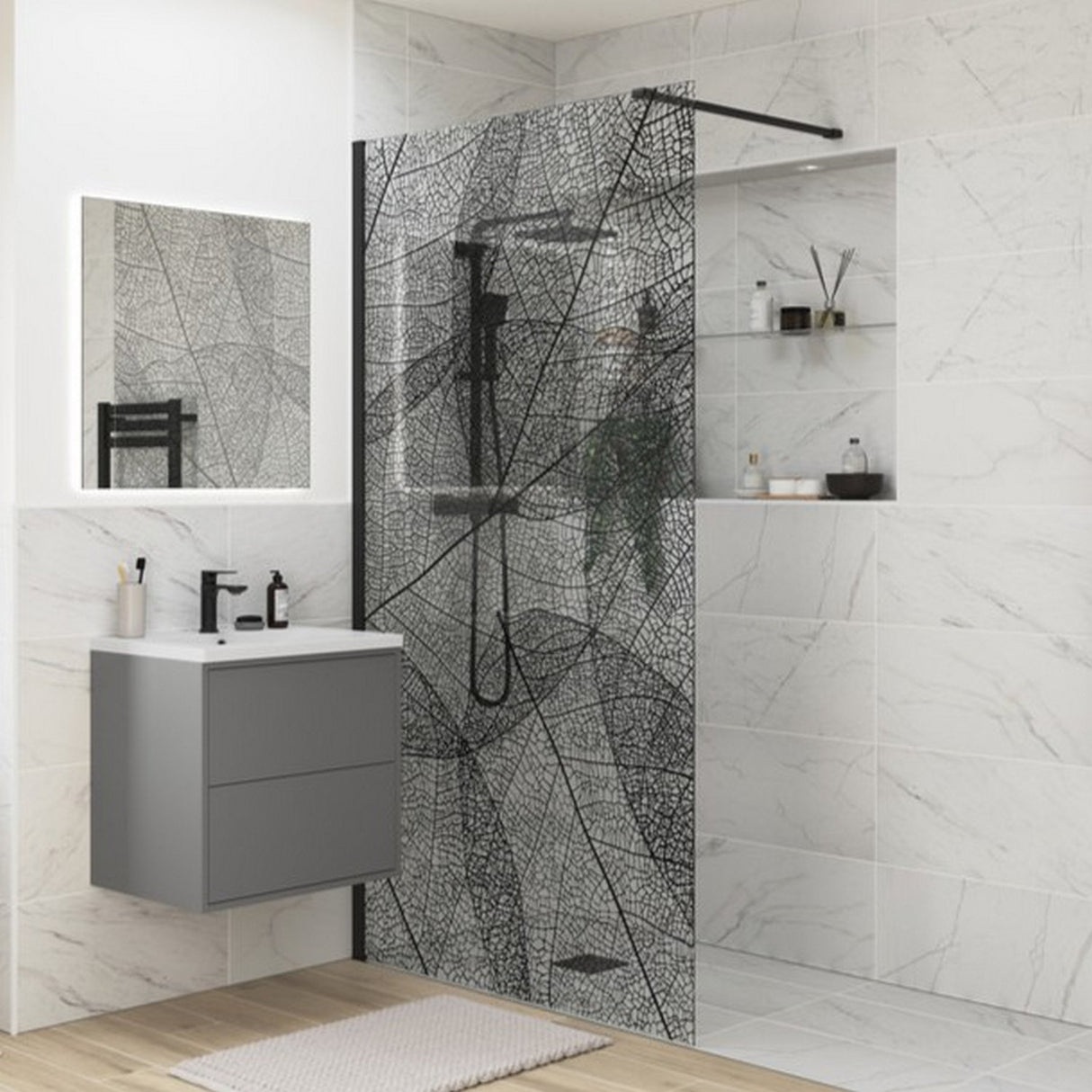 Ajax Reni 1200mm Wetroom Panel Black Leaf 8mm Glass and Profile