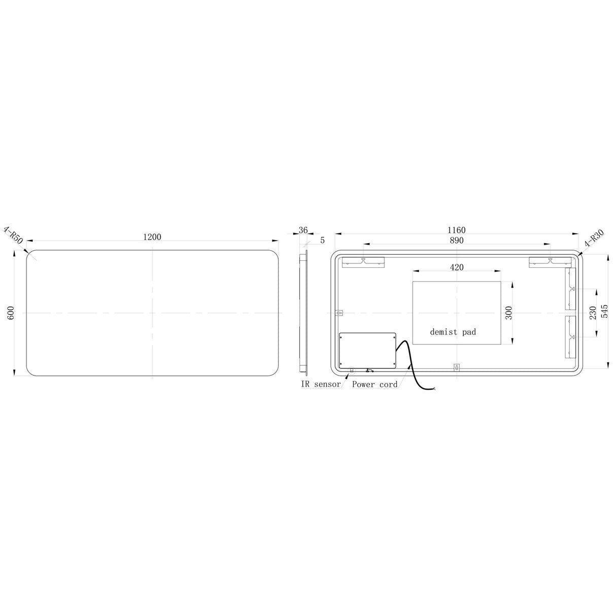 Ajax Sanctuary 1200mm x 600mm Rectangular LED Mirror
