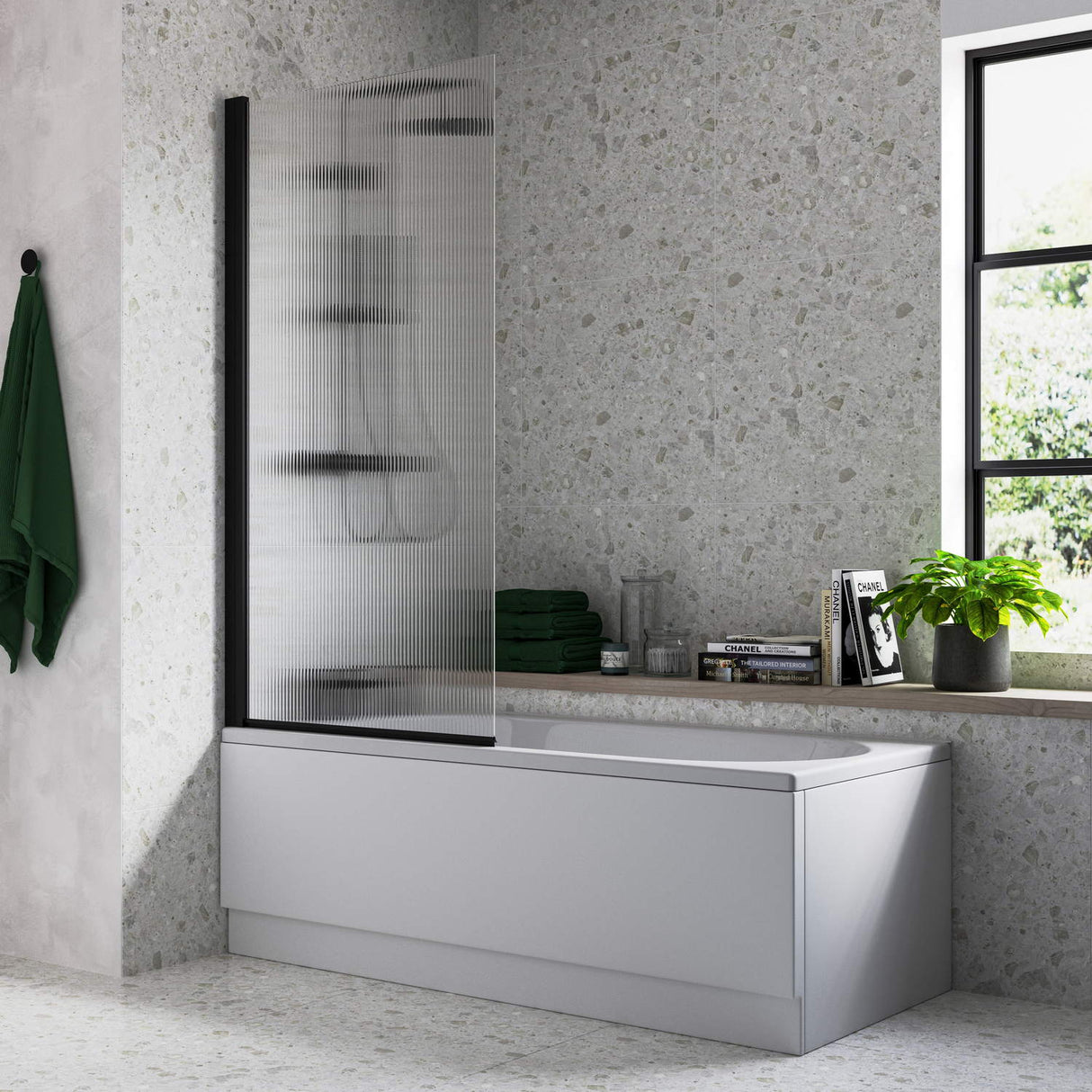 Ajax Matt Black Single Straight Fluted Bath Screen