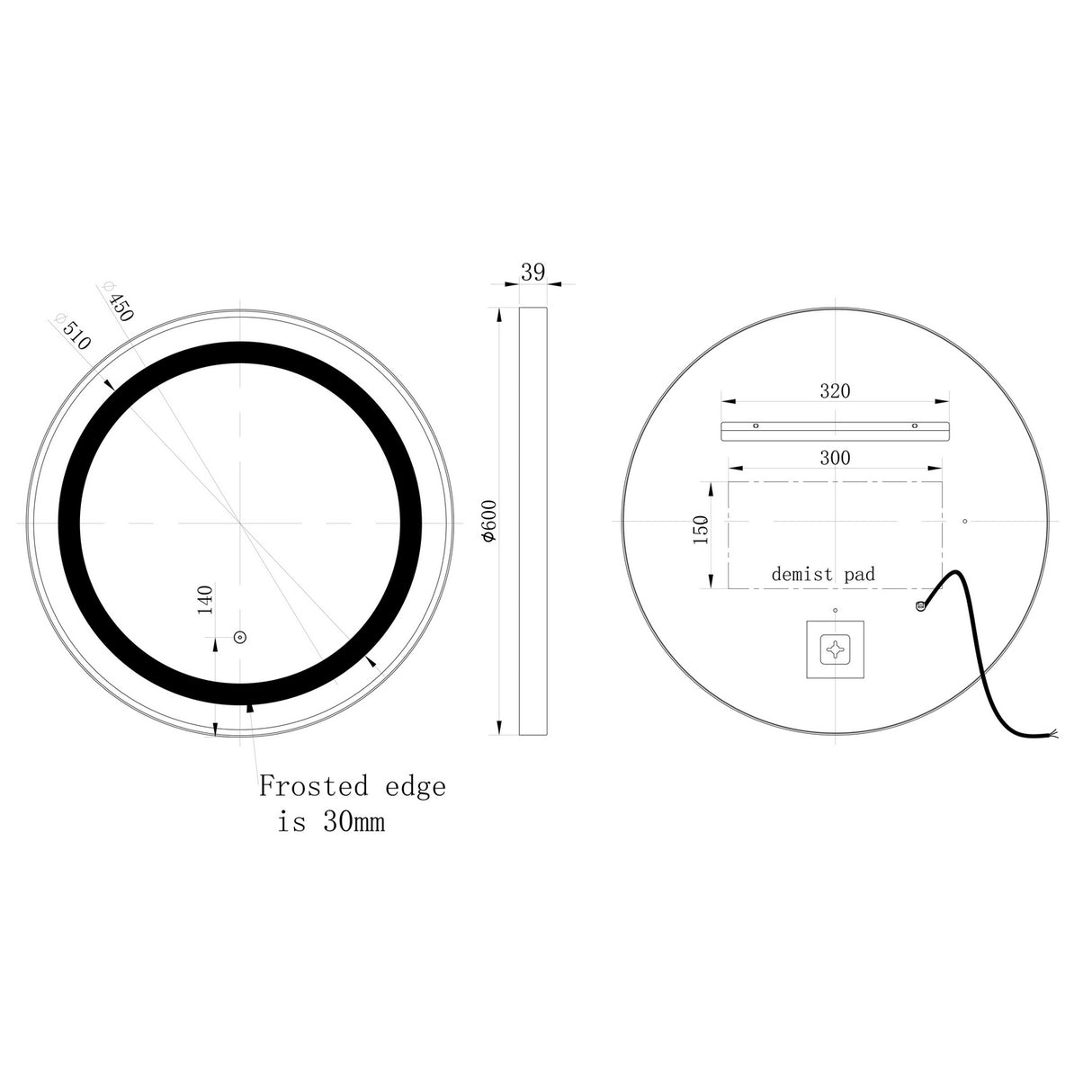 Ajax Bracken Matt Black 600mm Round Mirror