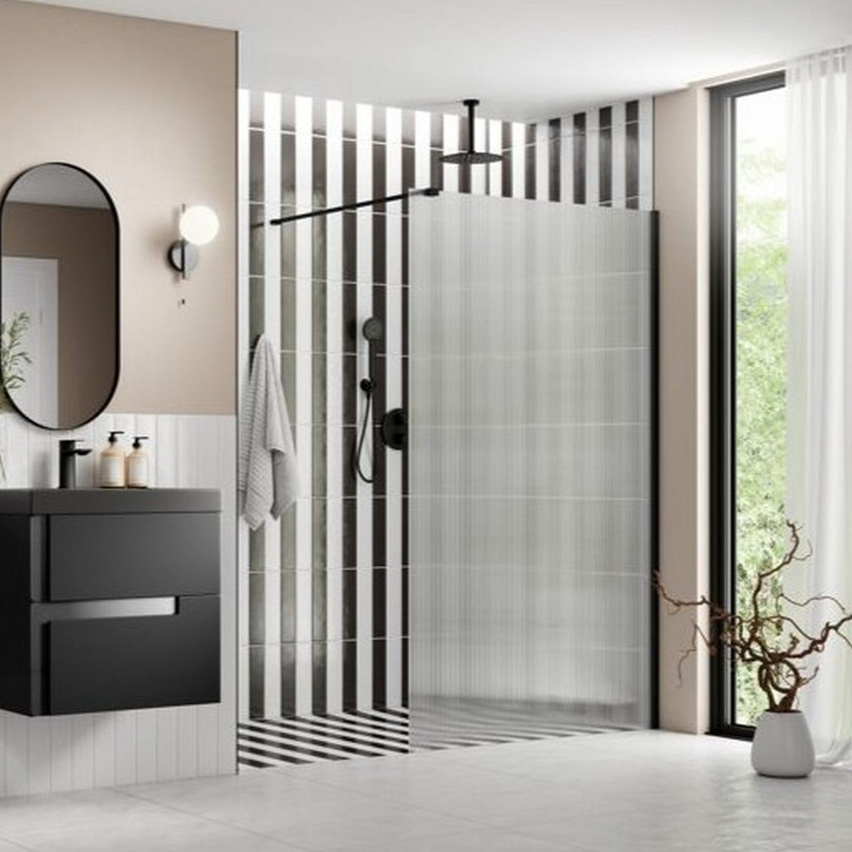 Ajax Reni 8mm Wetroom Panel Fluted Glass with Black Profile