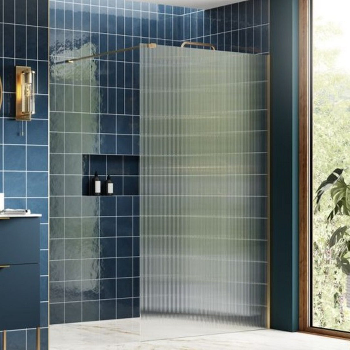 Ajax Reni 8mm Wetroom Panel Fluted Glass with Brushed Brass Profile