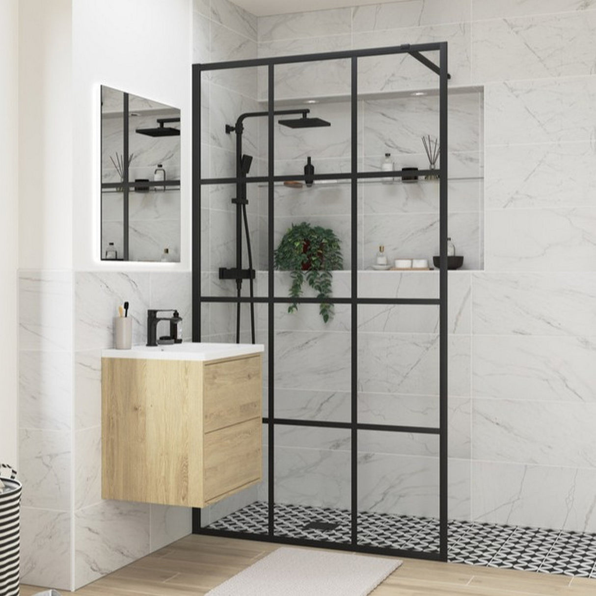 Ajax Reni 8mm Wetroom Panel Clear Glass with Black Framed Grid and Profile
