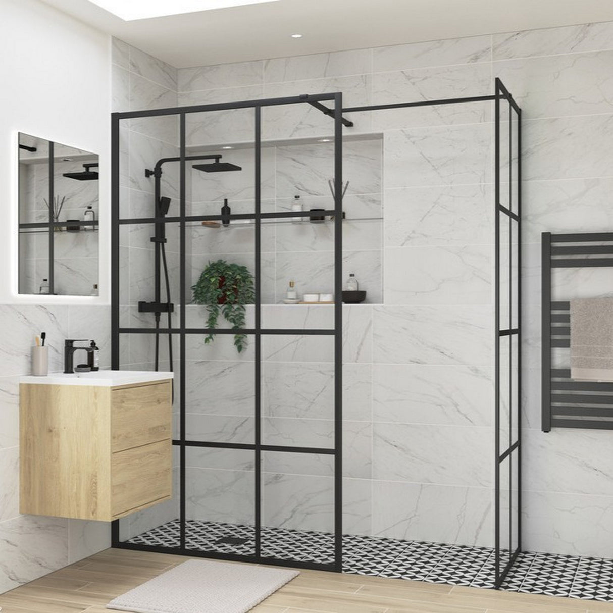 Ajax Reni 8mm Wetroom Panel Clear Glass with Black Framed Grid and Profile Side Panel