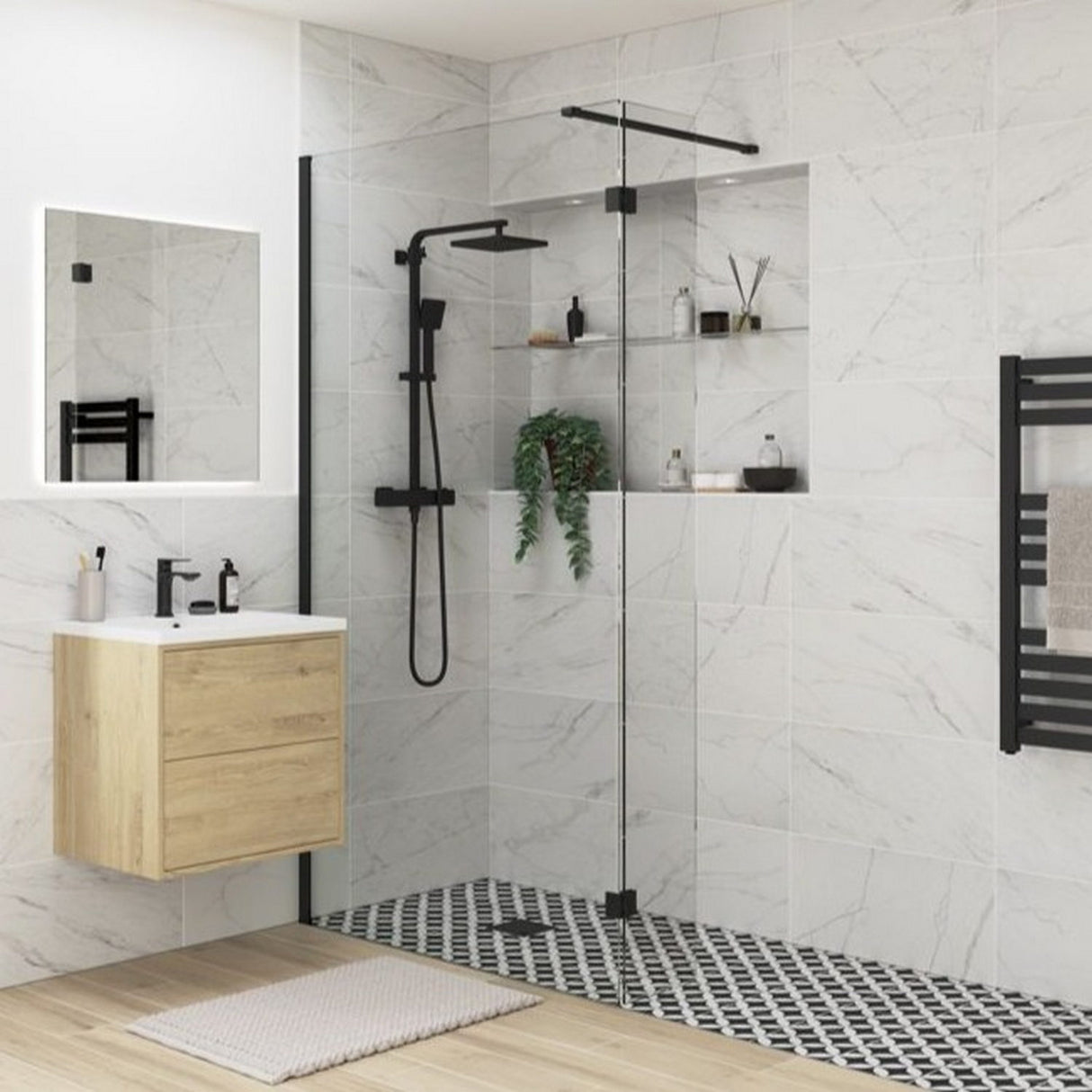 Ajax Reni 8mm Wetroom Splash Panel Clear Glass Black Profile