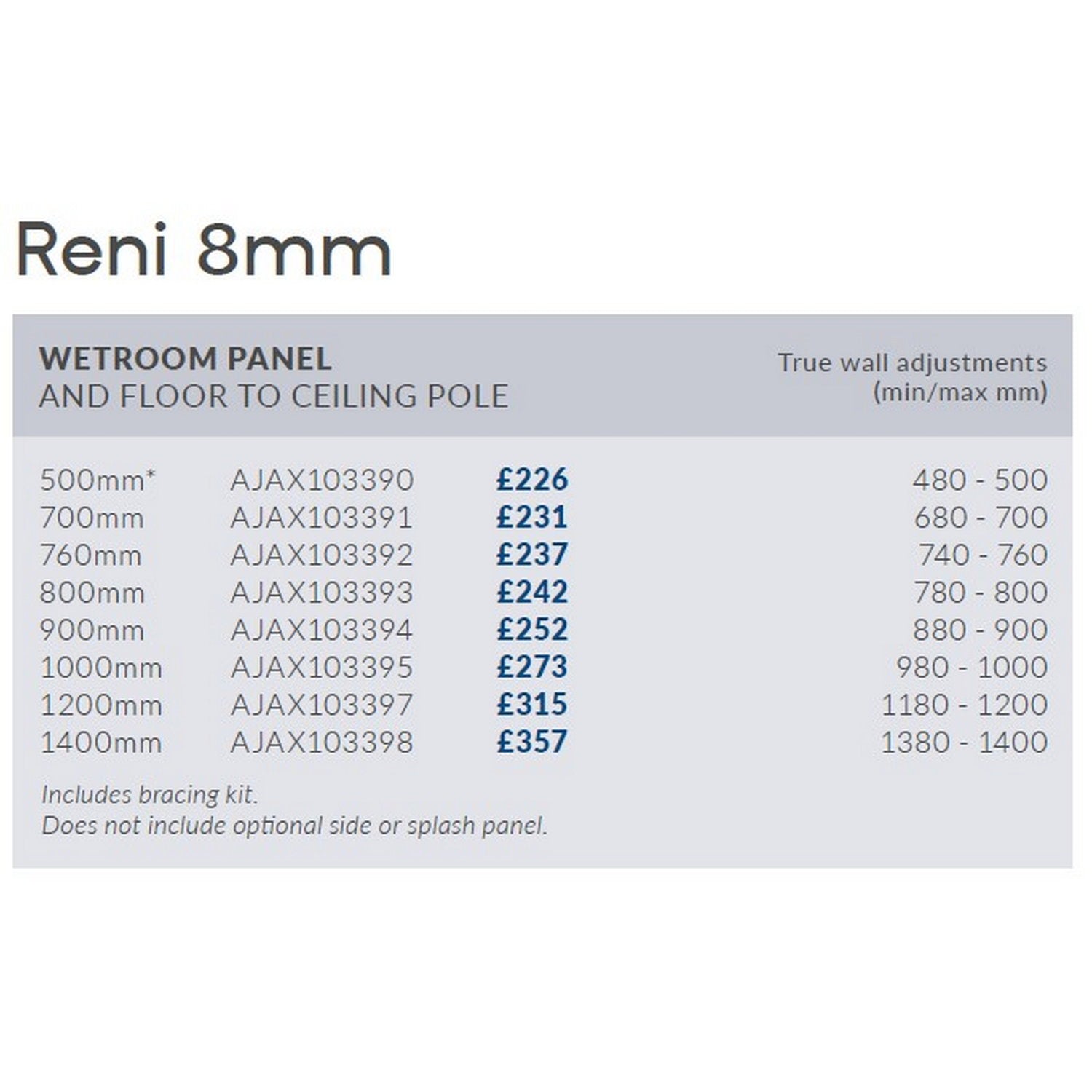 Ajax Reni 8mm Wetroom Panel Clear Glass with Chrome Floor to Ceiling Post and Profile