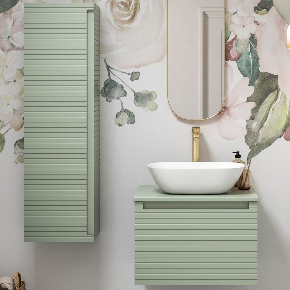 Ajax Barnoldby 350mm Wall Hung Tall Storage Unit in Matt Willow Green lifestyle