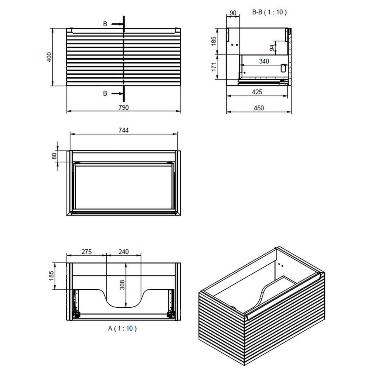 Ajax Barnoldby 800mm Wall Hung Vanity Unit with Worktop in Matt Cotton dimensions