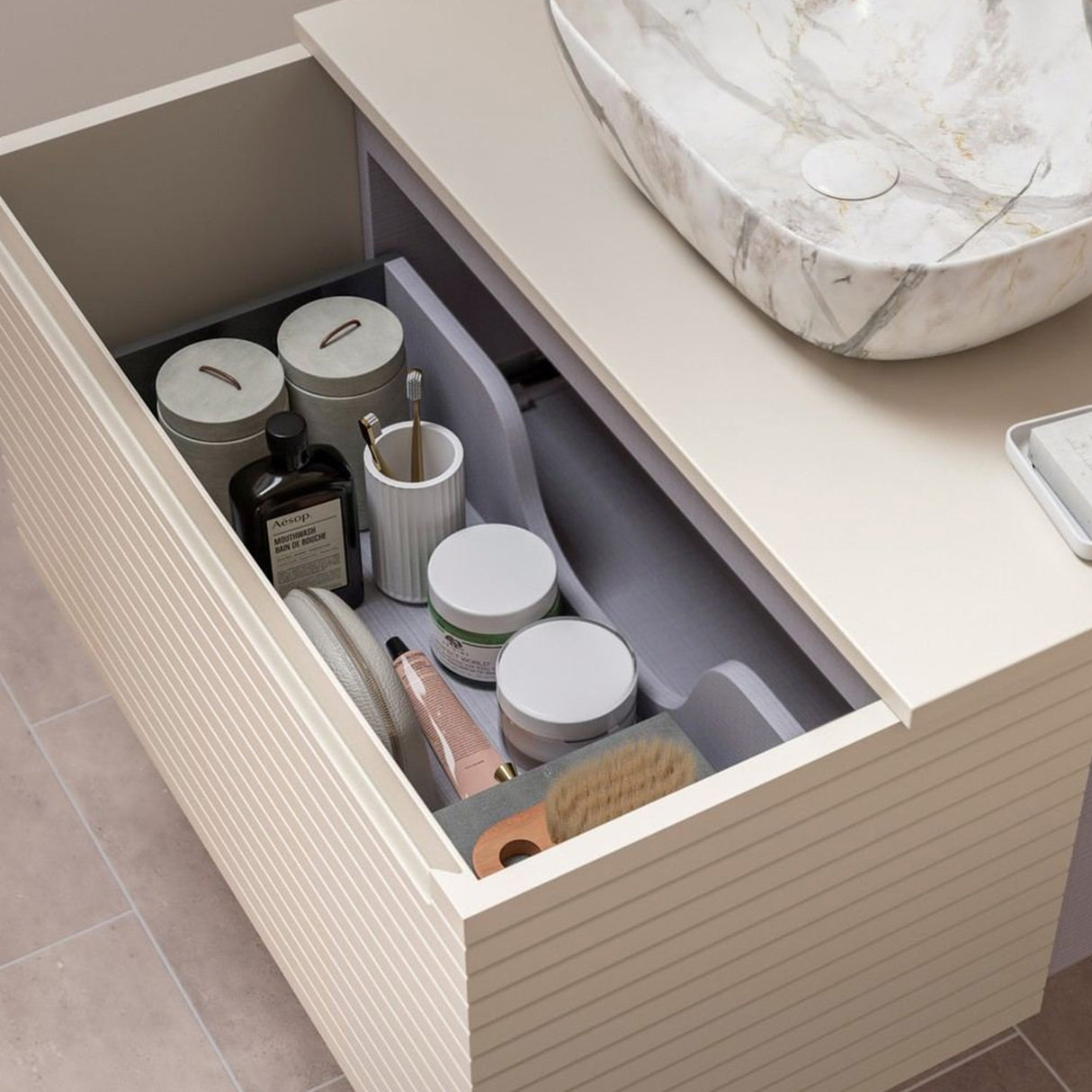 Ajax Barnoldby 800mm Wall Hung Vanity Unit with Worktop in Matt Cotton lifestyle 2