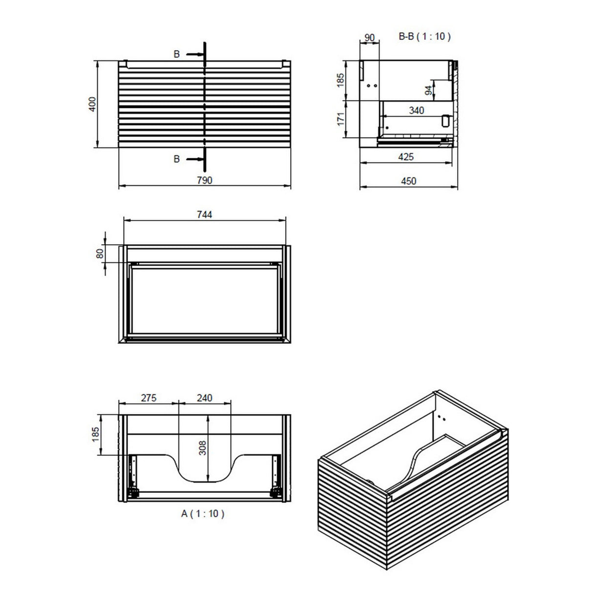 Ajax Barnoldby 815mm Wall Hung Vanity Unit with Basin in Matt Mineral Grey Unit Dimensions