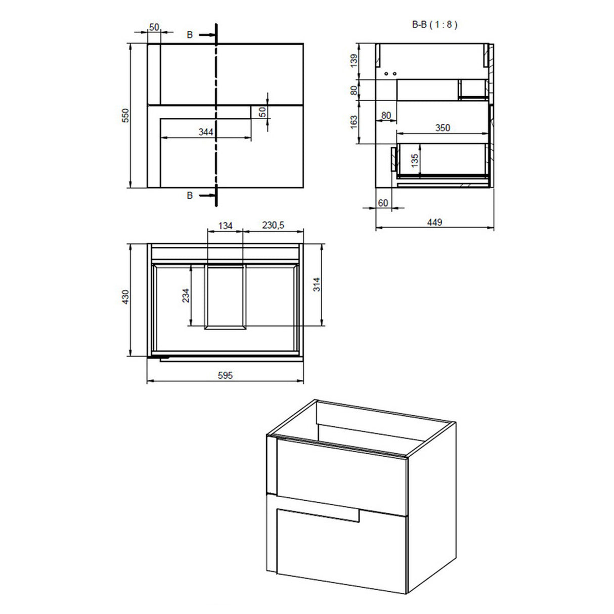Ajax Brocklesby Matt Black Wall Hung 615mm Vanity Unit with White Ceramic Basin Line full drawning
