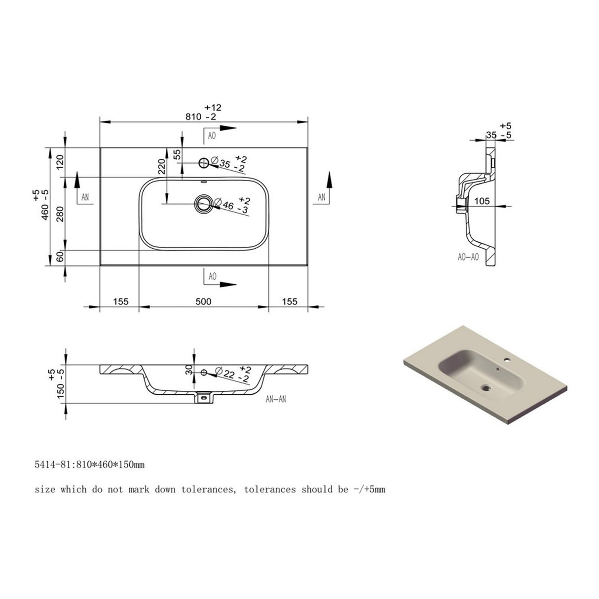 Ajax Brocklesby Matt Black Wall Hung 815mm Vanity Unit with White Ceramic Basin Line drawing