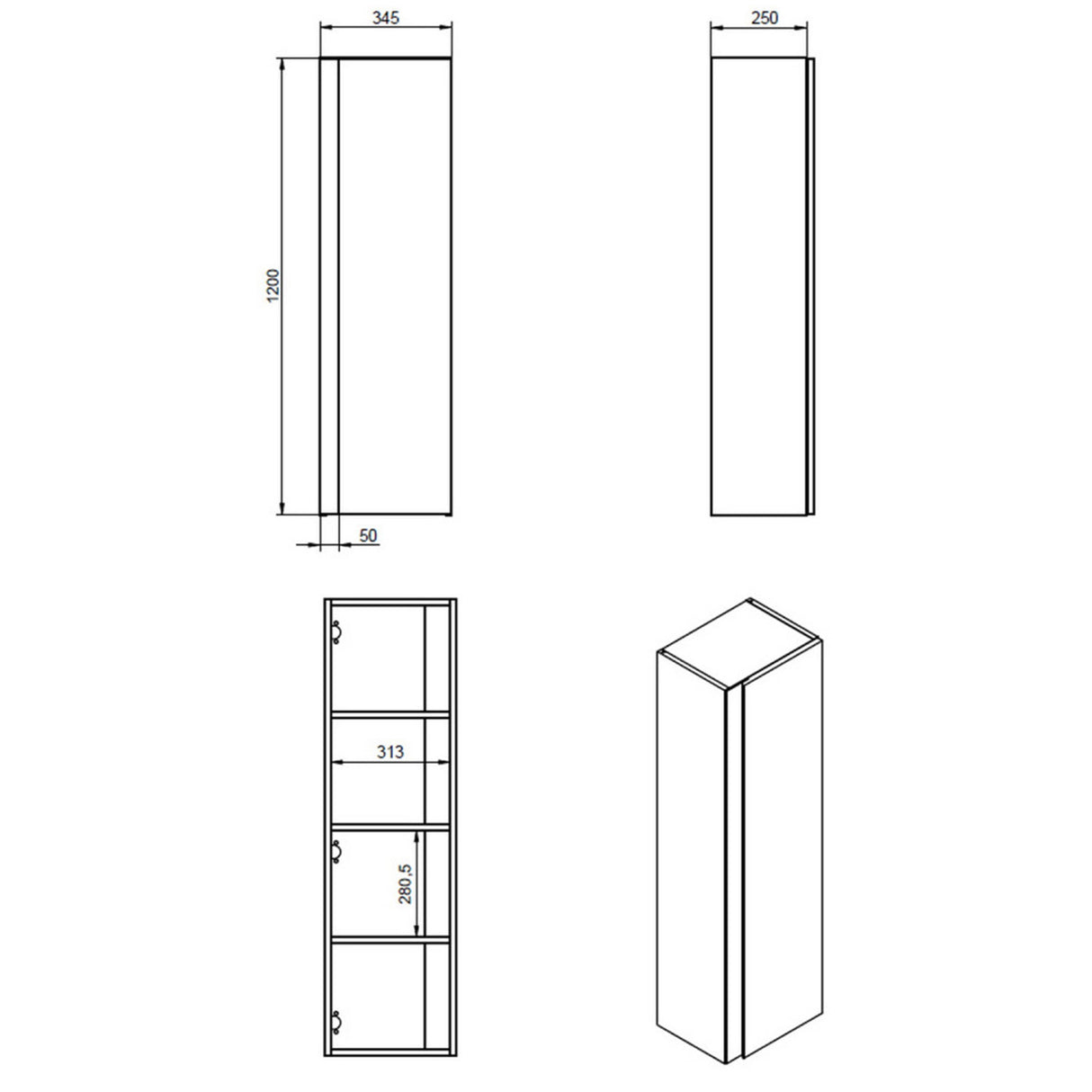 Ajax Brocklesby Wall Hung 350mm Tall Storage Unit in Matt Black dimensions