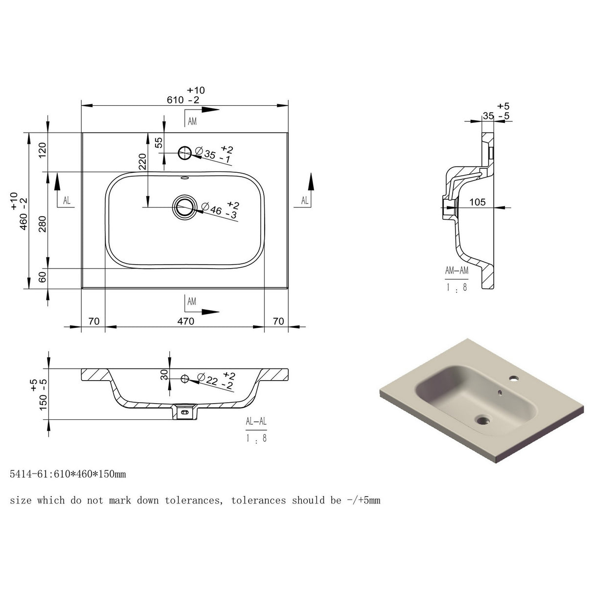 Ajax Brocklesby Wall Hung 605mm Vanity Unit with Resin Basin in Matt Cotton basin dimensions