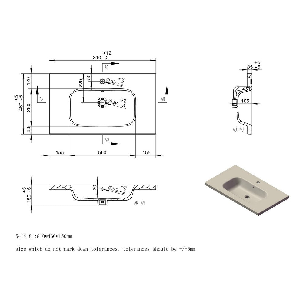 Ajax Brocklesby Wall Hung 805mm Vanity Unit with Resin Basin in Matt Cotton basins line drawing
