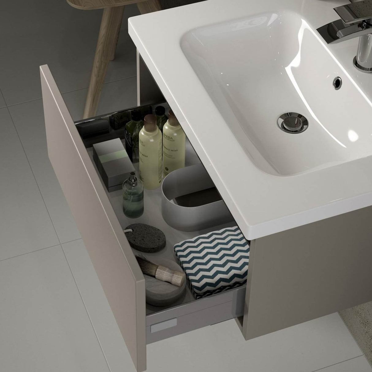 Ajax Brookenby 815mm Wall Hung Vanity Unit with Basin in Matt Latte drawers