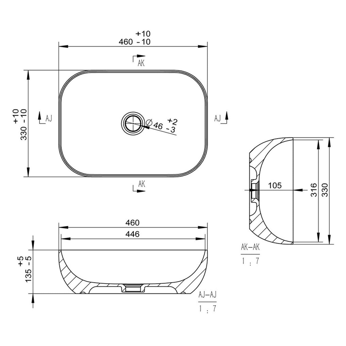 Ajax Cadwell Ceramic Countertop Basin Dimensions