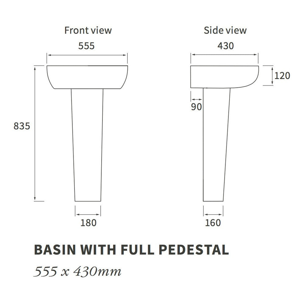 Ajax Caistor 1TH Basin with Full Pedestal size chart