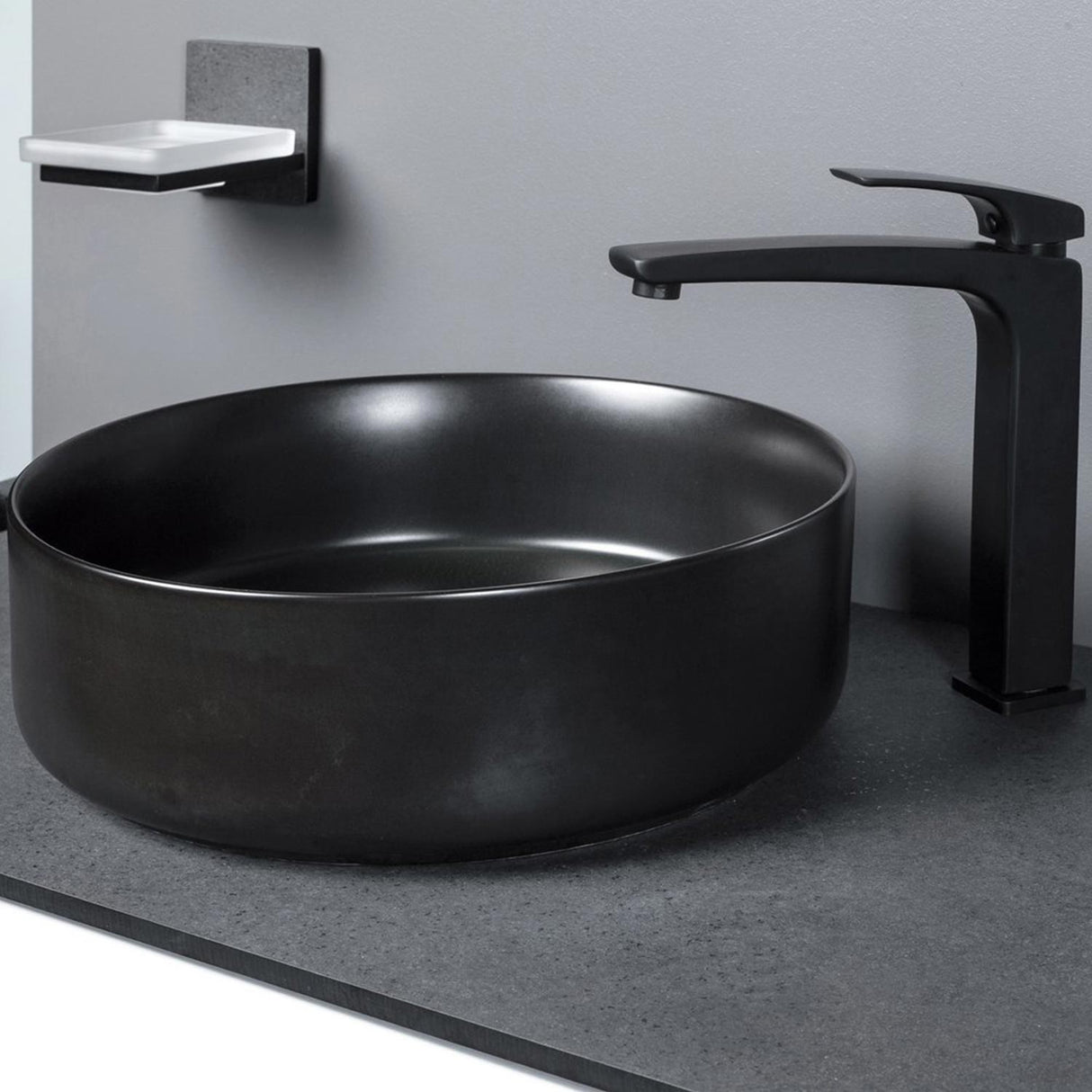 Ajax Hainton 355mm Round Ceramic Countertop Basin lifestyle black