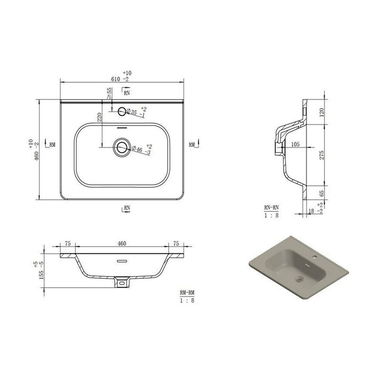 Ajax Humberston Floor Standing 610mm Vanity Unit with Basin in Gloss Grey dimensions for basin