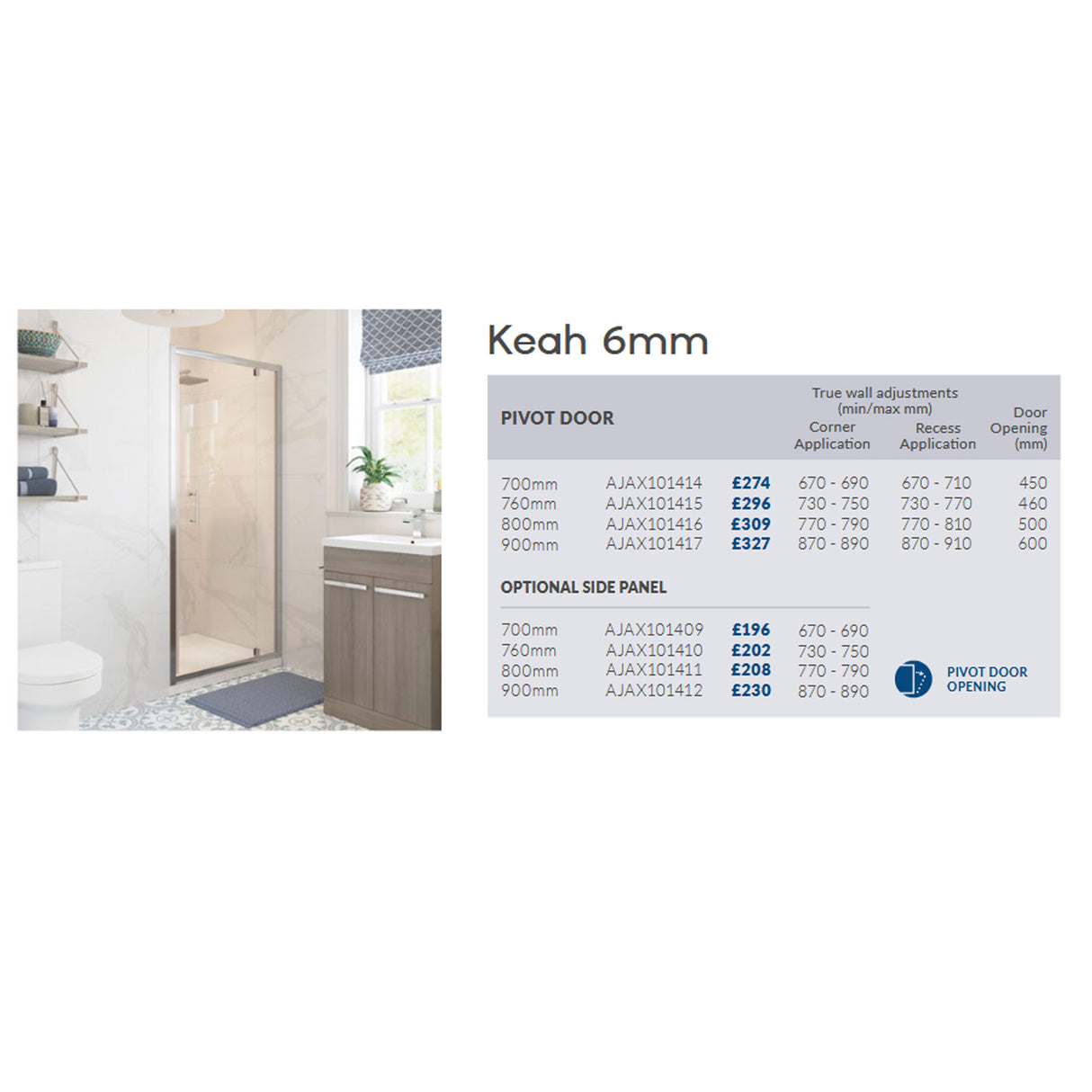 Ajax Keah 6mm Chrome Pivot Shower Door adjustment