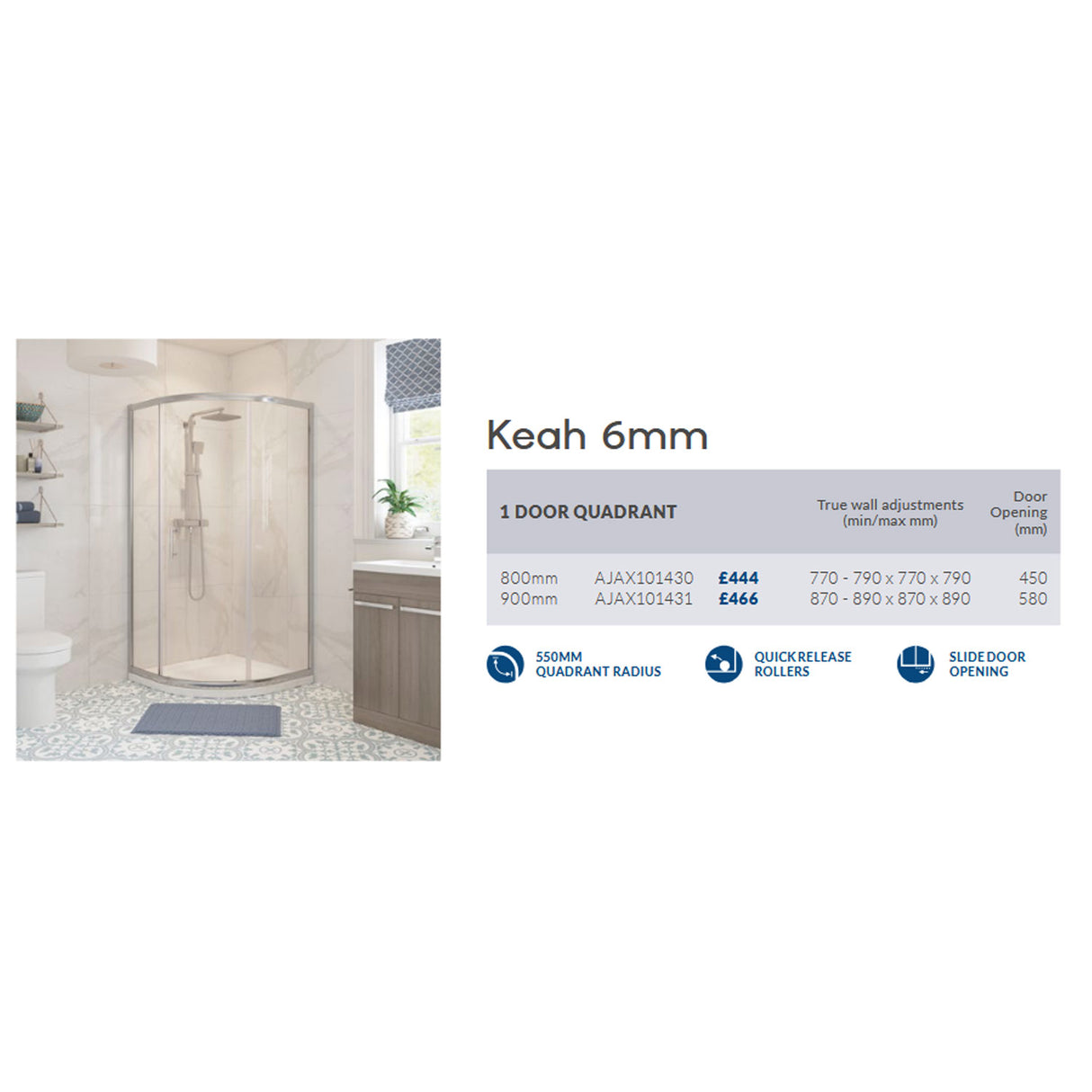 Ajax Keah One Door Quadrant Shower Enclosure in Chrome adjustments