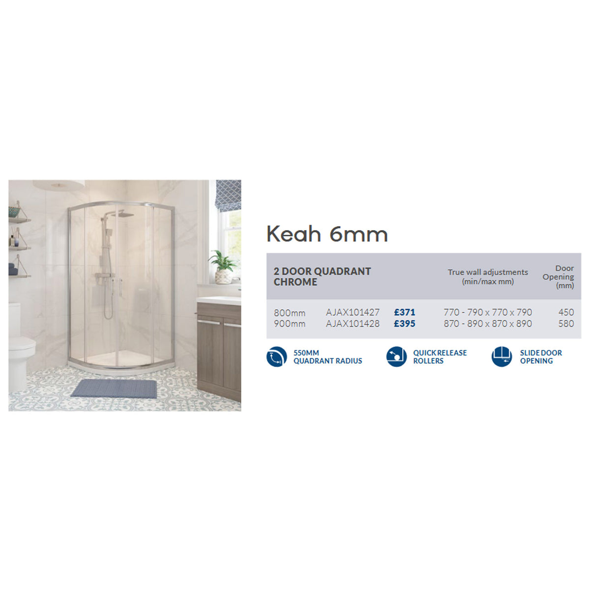Ajax Keah Two Door Quadrant Shower Enclosure in Chrome adjustments