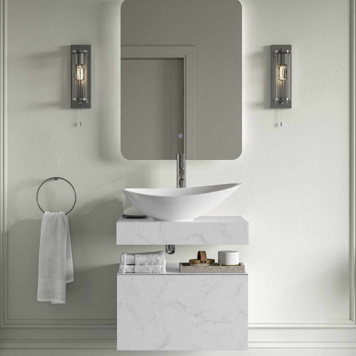 Ajax Kelsey Wall Hung 600mm Storage Drawer Unit in White Marble lifestyle