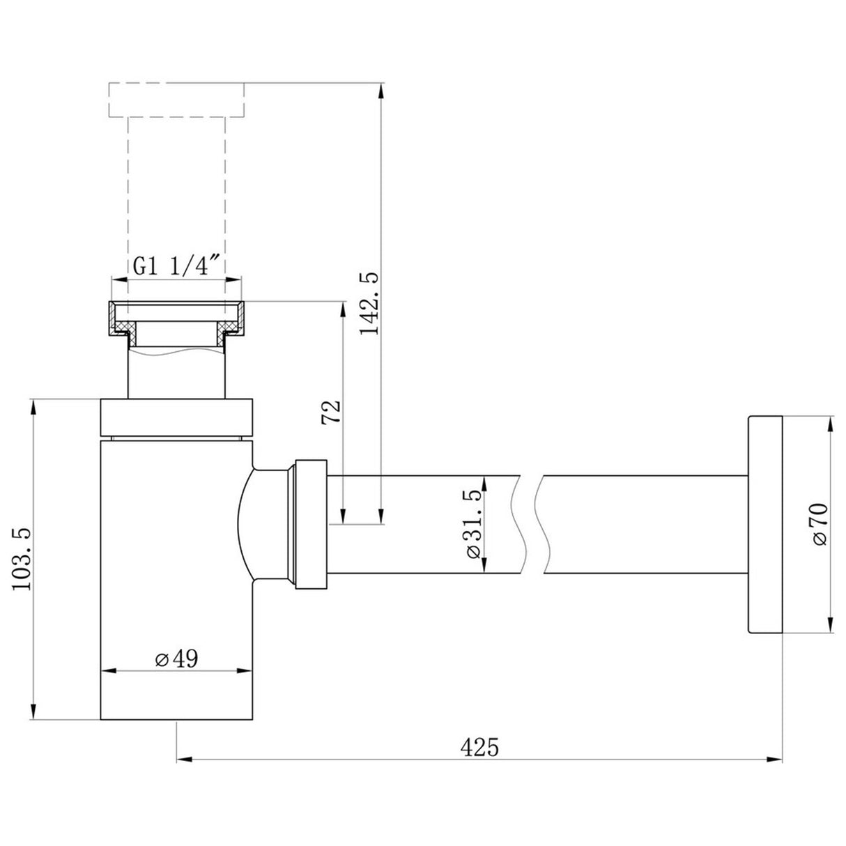 Ajax Modern Rounded Bottle Trap in Chrome dimensions