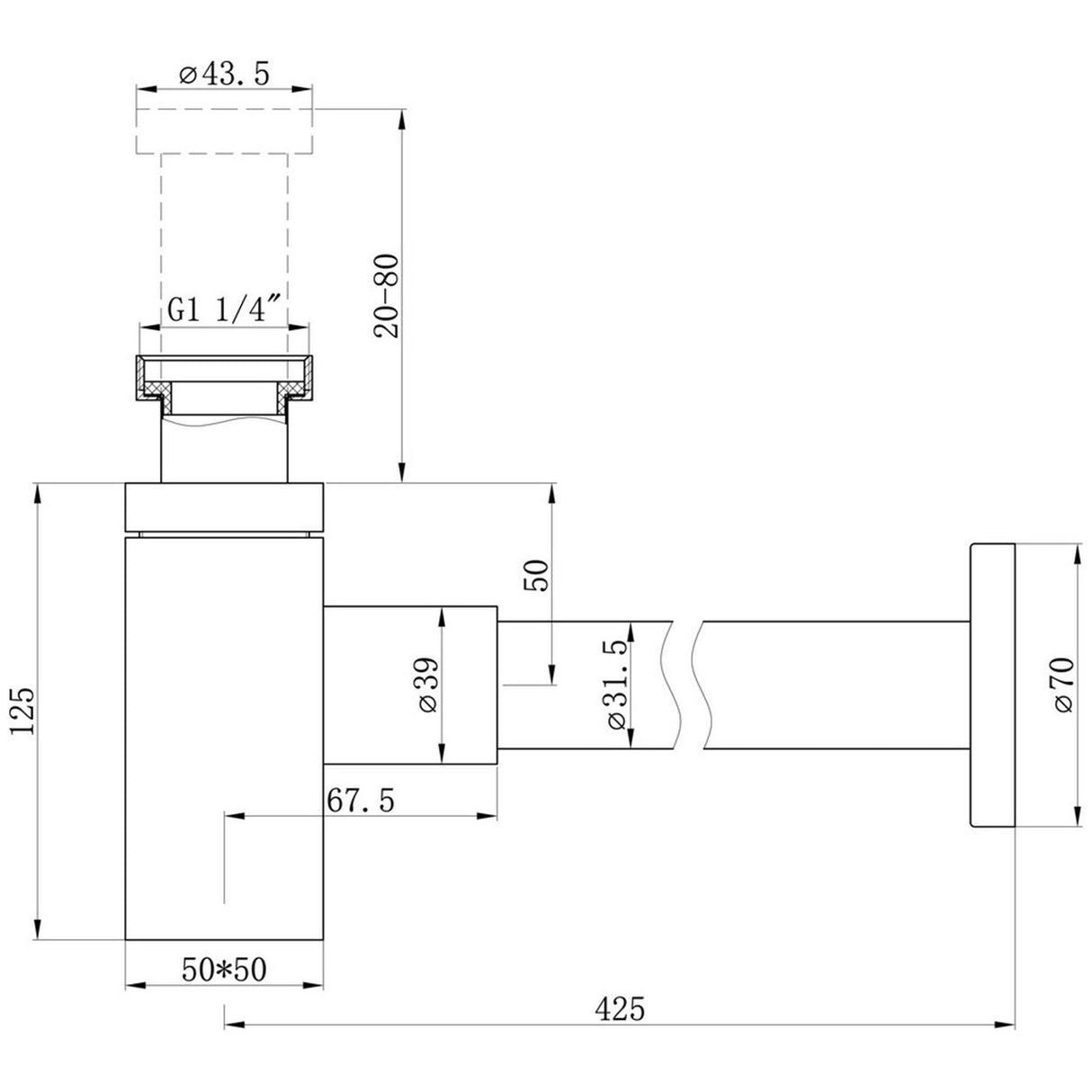 Ajax Modern Squared Bottle Trap in Chrome dimensions
