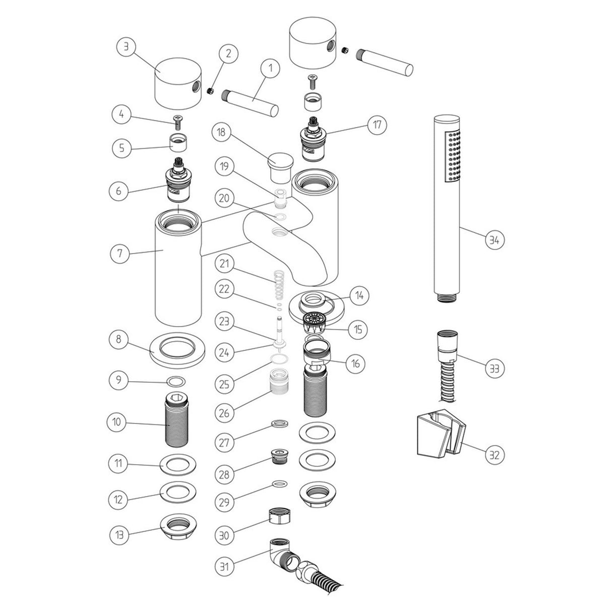 Ajax Ouse Bath Shower Mixer in Brushed Brass parts