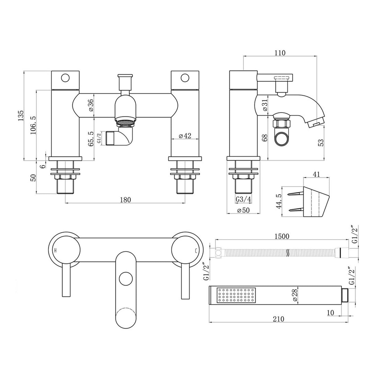 Ajax Ouse Bath Shower Mixer in Chrome dimensions