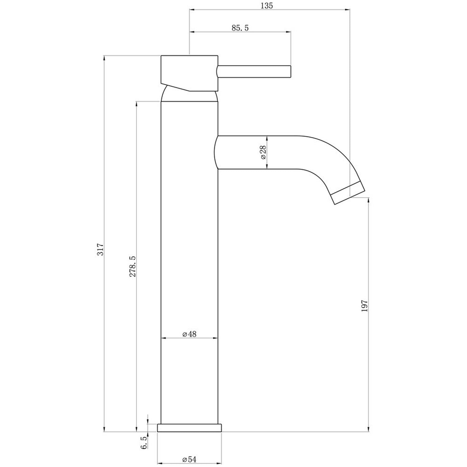 Ajax Ouse Tall Basin Mixer In Matt Black dimensions