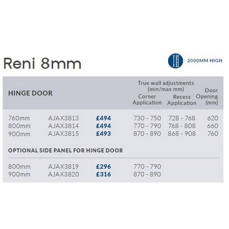 Ajax Reni 8mm Chrome Hinged Shower Door AJAX3813 dimensions