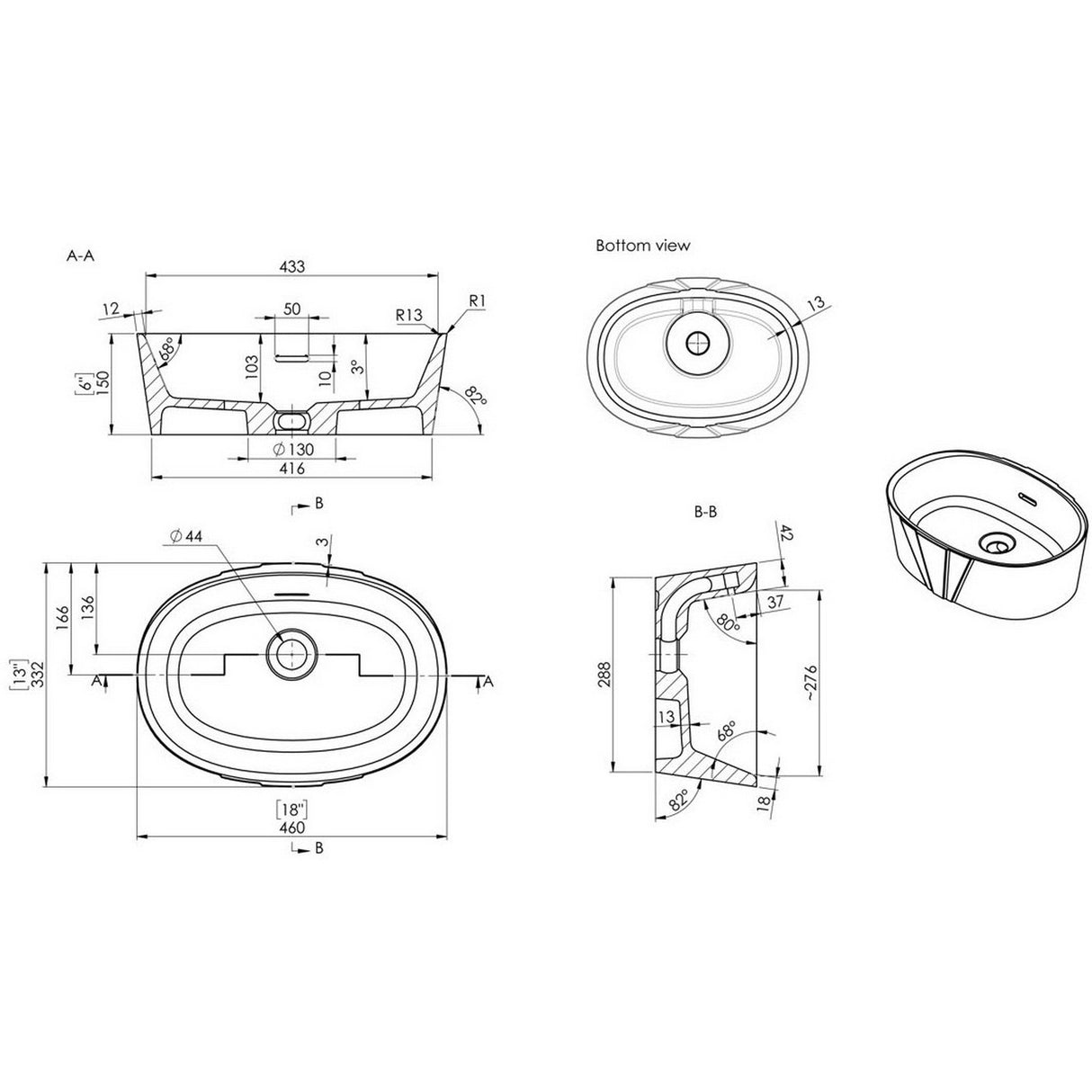 Ajax Roxby 460mm White Countertop Basin dimensions