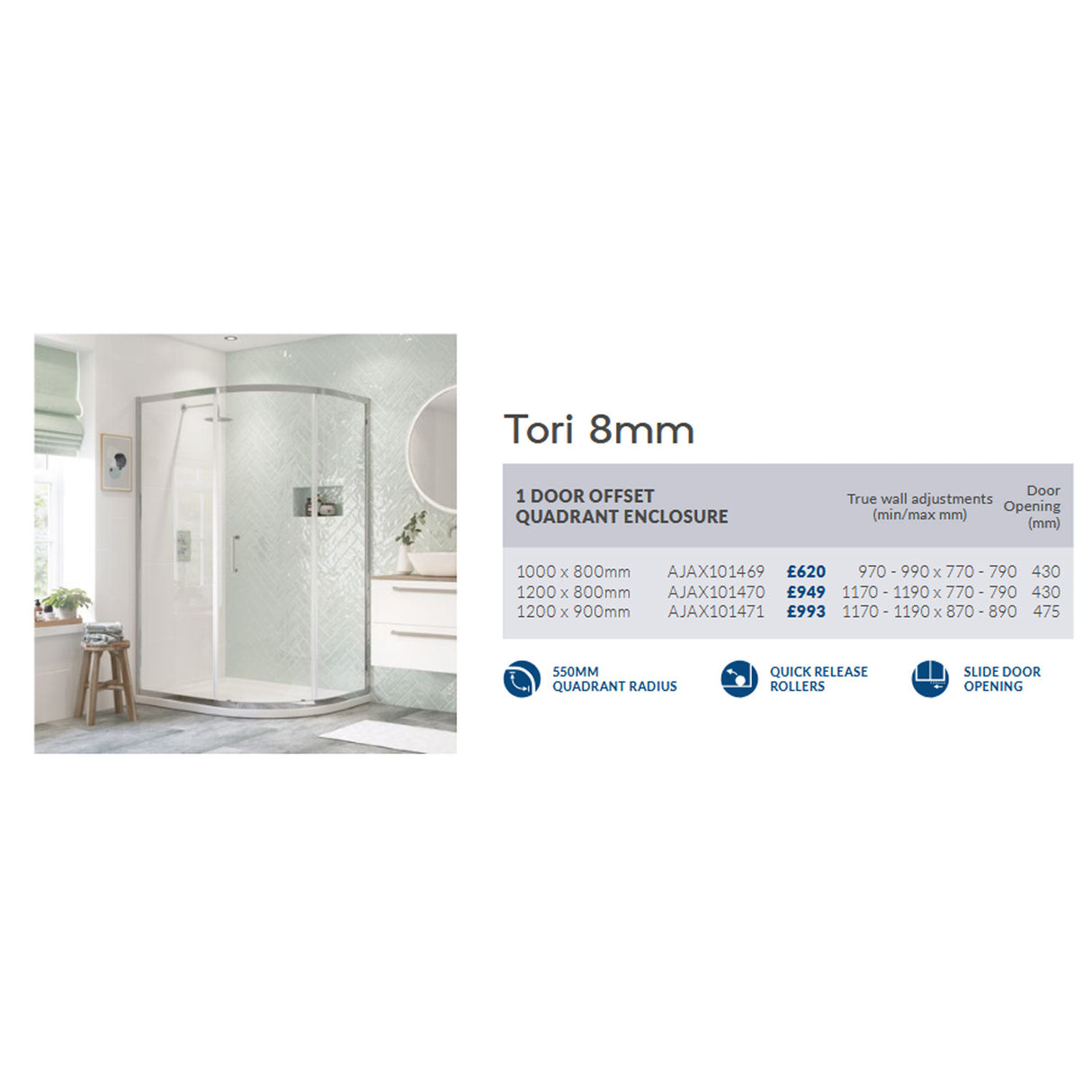 Ajax Tori 8mm One Door Offset Quadrant Shower Enclosure in Chrome adjustments