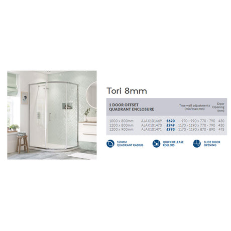 Ajax Tori 8mm One Door Offset Quadrant Shower Enclosure in Chrome adjustments
