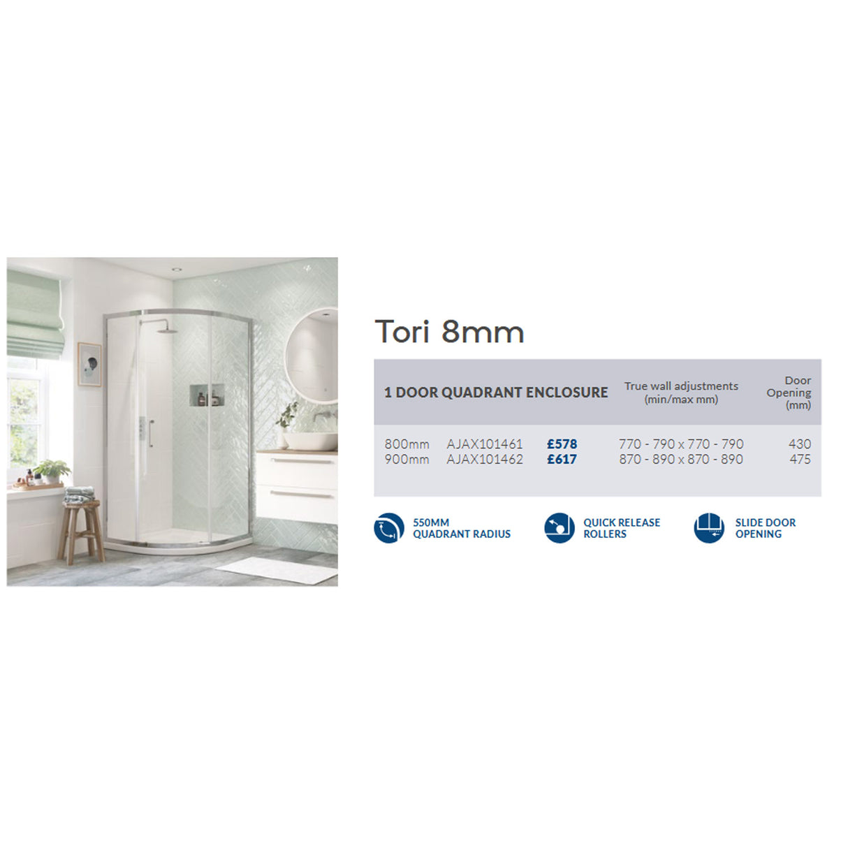 Ajax Tori 8mm One Door Quadrant Shower Enclosure in Chrome adjustments