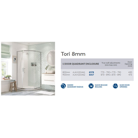 Ajax Tori 8mm One Door Quadrant Shower Enclosure in Chrome adjustments