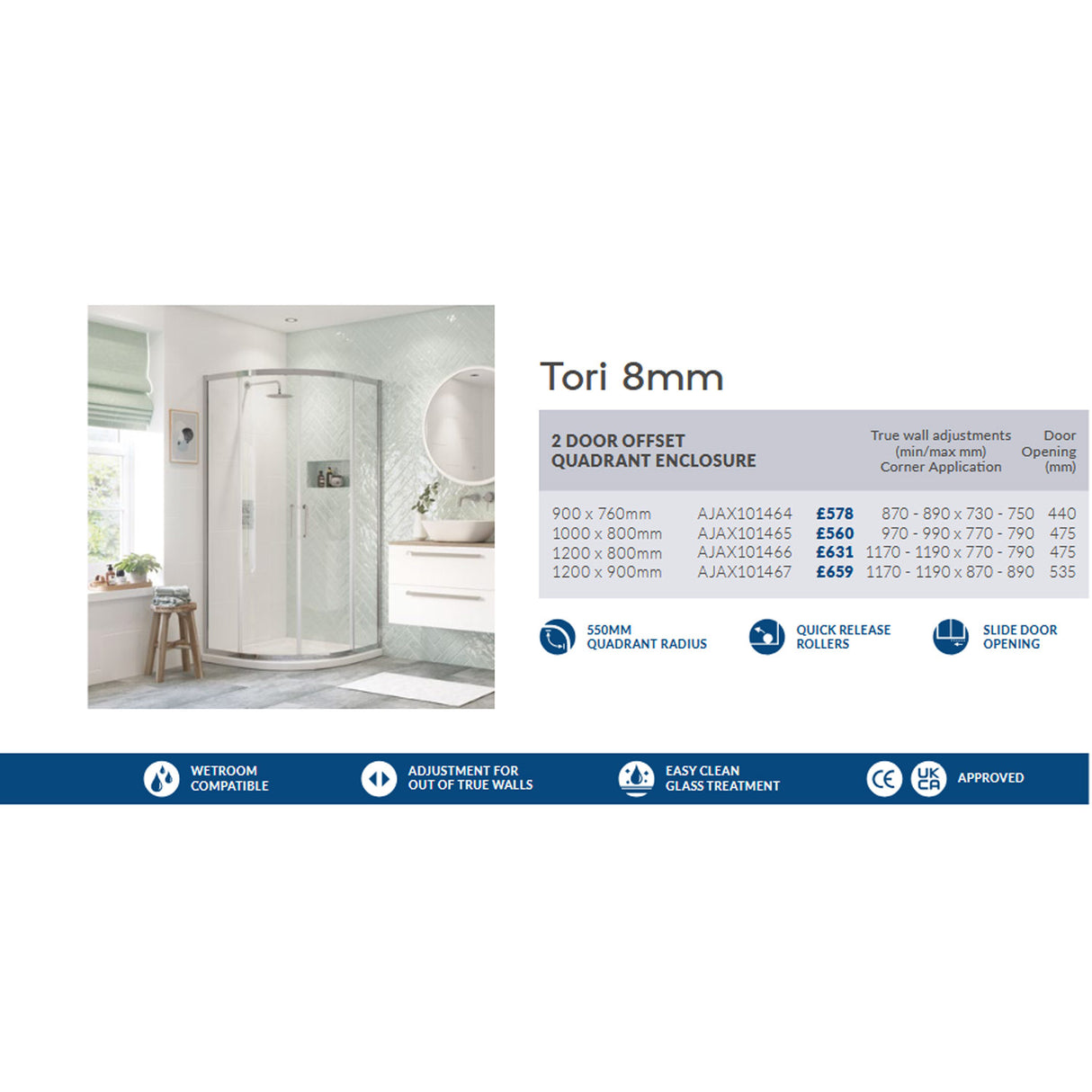 Ajax Tori Two Door Offset Quadrant Shower Enclosure in Chrome adjusments