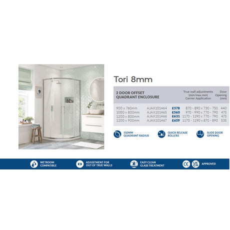 Ajax Tori Two Door Offset Quadrant Shower Enclosure in Chrome adjusments
