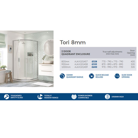 Ajax Tori Two Door Quadrant Shower Enclosure in Chrome adjustments