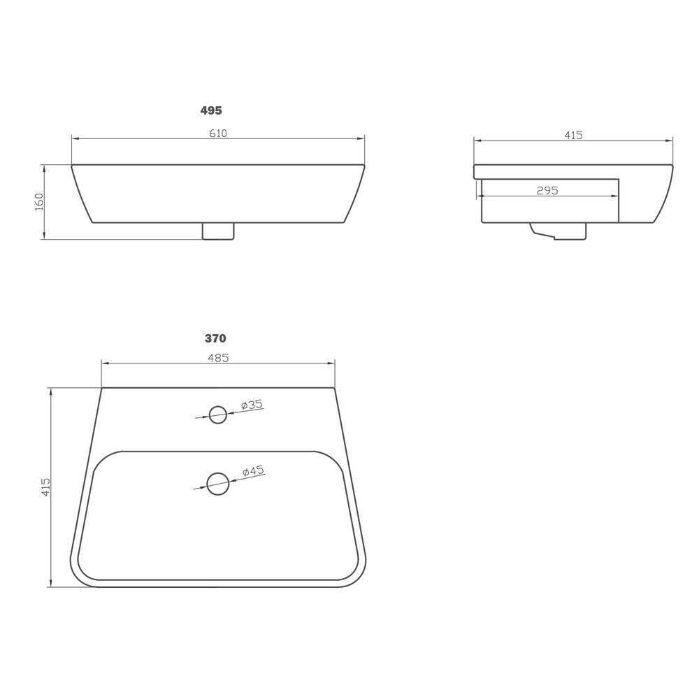 Ajax Weelsby 495mm 1TH Semi Recessed Basin size chart