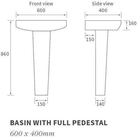 Ajax Weelsby 600mm 1TH Basin and Full Pedestal size chart