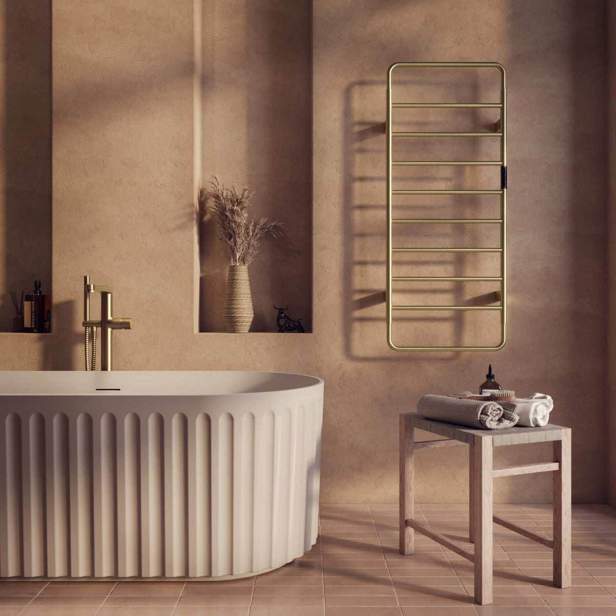 Aura 1200 x 500mm Electric Heated Towel Rail in Brushed Brass lifestyle