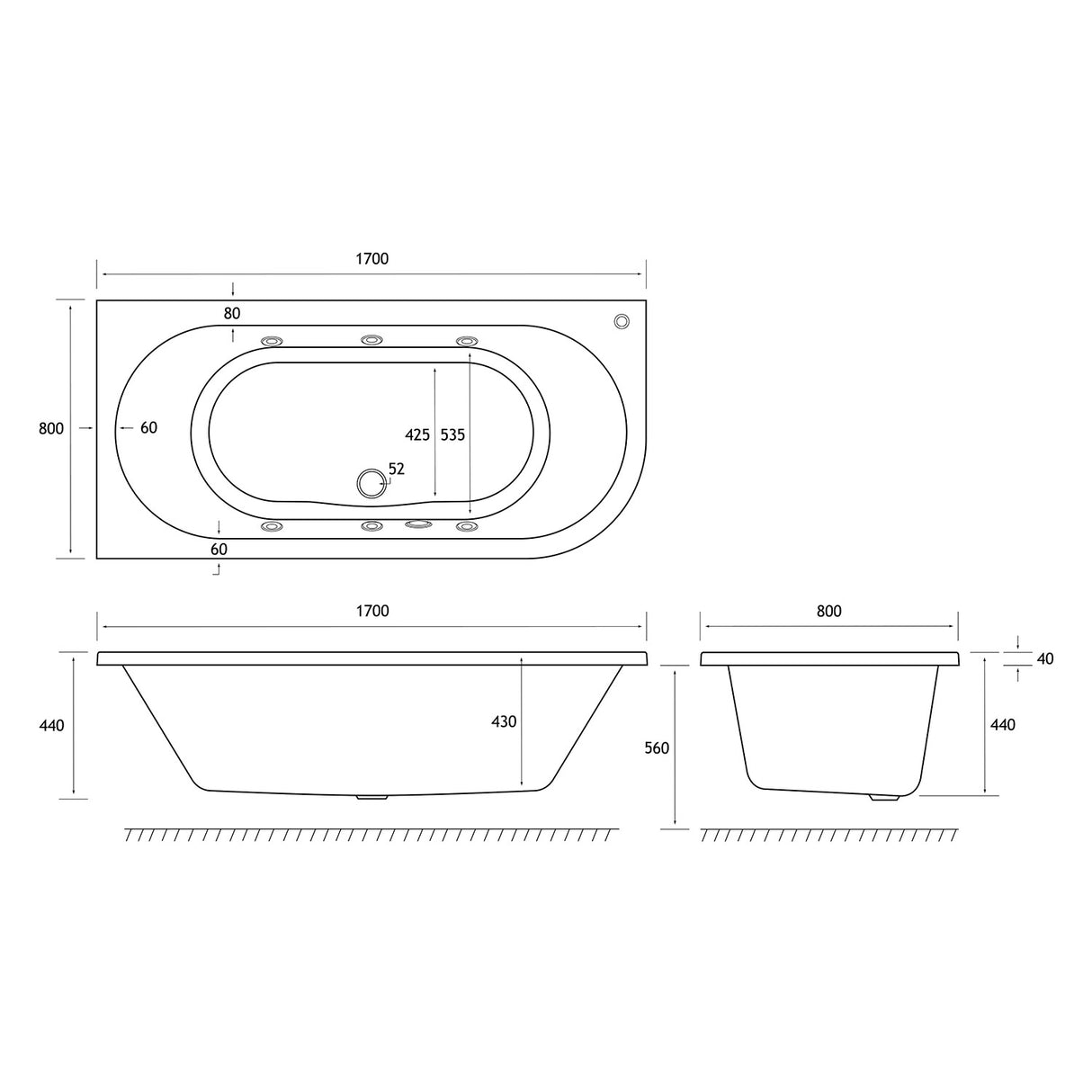 Beaufortè Biscay 1700 x 800mm 14 Jet Whirlpool Double Ended Bath dimensions
