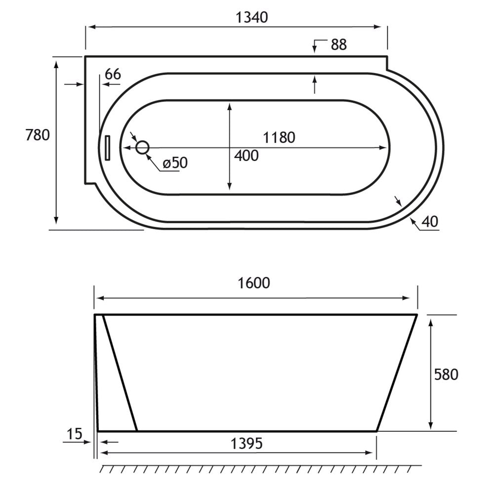 Beaufort Bray 1600 x 780mm Left Handed Freestanding Bath Dimensions