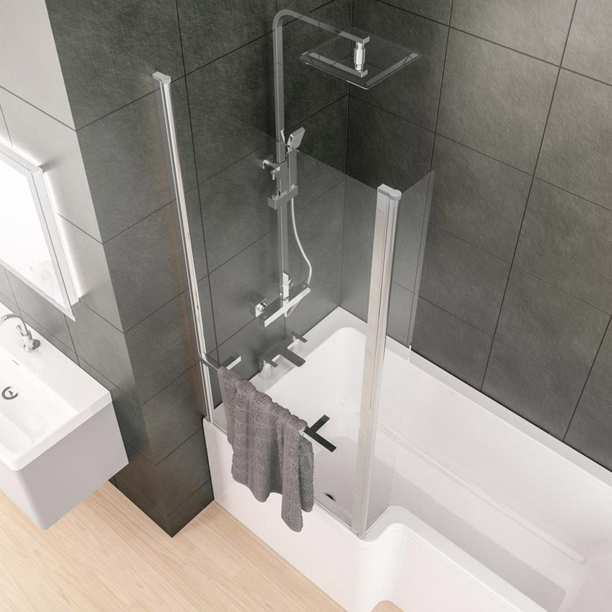 Beaufort Quantum L Shape 1400mm Hinged Bath Screen with Towel Rail